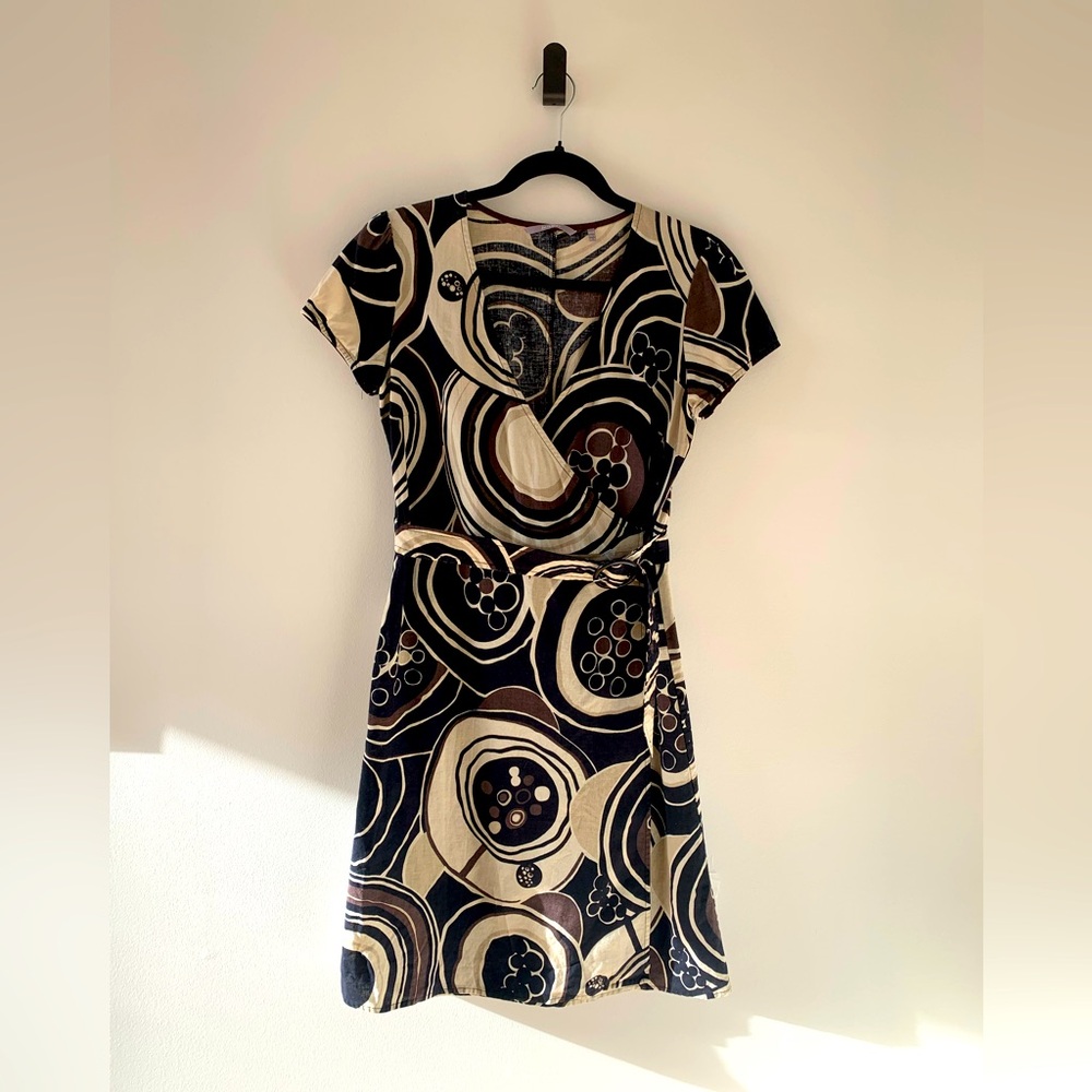 Inwear Brown,Black,Cream Patterned Belted Linen/CottonWrap Dress Size 8